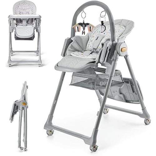 Kinderkraft LASTREE Foldable Baby High Chair for Babies and Toddlers with Reclining Function, Play Bar, Adjustable Tray and Footrest in Grey