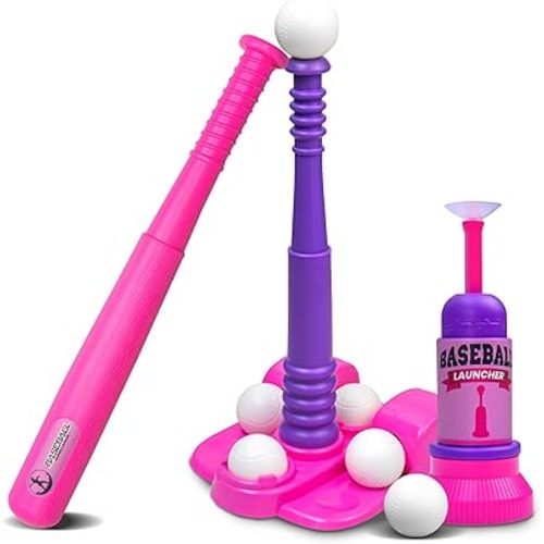 T Ball Stand for Kids and Toddlers 1-3, 3-5, 5-8. Baseball Set Includes 6 Large Balls, an Adjustable Tball Batting Tee, and a Pitching Machine. Kids Bat and T-Ball Set