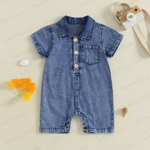 Baby Solid Color Blue Denim Lapel Romper