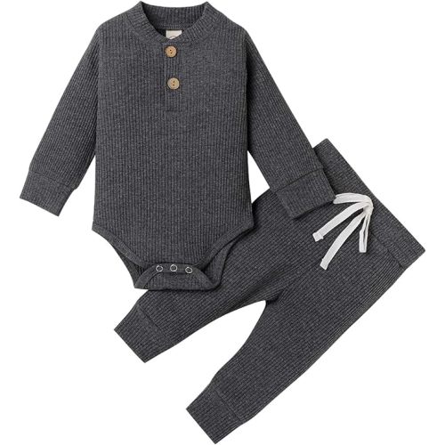 Newborn Baby Boy Girl Clothes Ribbed Knitted Cotton Long Sleeve Romper Long Pants Solid Color Fall Winter Outfits