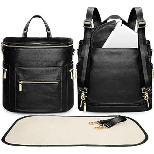 Diaper Bag Backpack Baby Diaper Bag by miss fong, Large Leather Diaper Bag Backpack with 15 Pockets Diaper Bag Organizer, Changing Pad, Stroller Straps and 2 Insulated Pockets (Convertible, Black)
