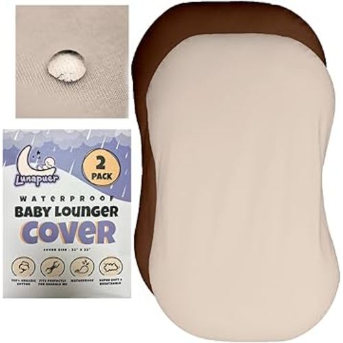 100% Waterproof Baby Lounger Cover - 2-Ply Organic Cotton Slipcovers Keep Your Lounger Clean & Your Baby Comfy - Machine Washable - (Lounger Not Included) - 2-Pack Includes Cream & Brown