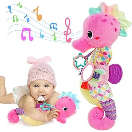 Baby Sensory Toys 0-6 3-6 Months Musical Stuffed Animal Plush Pink Seahorse for Infant 6-12 Month Tummy Time with Baby Mirror Newborn Crinkle Developmental Toy Girls Boys Birthday Gifts 0-3 4 5 Month