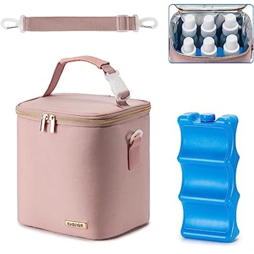 Breast Milk Cooler Bag with Ice Pack Fits 6 Baby Bottles Up to 9 Ounce, Baby Bottle Bag with Shoulder Strap for Nursing Mom Daycare, Pink