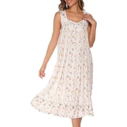 AVIIER Cotton Nightgowns for Women Sleeveless House Dress Ladies Long Nightdress with Pockets S-XXL