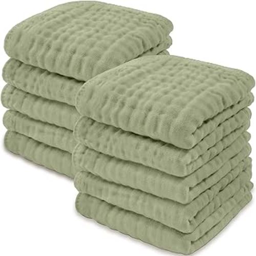 Baby Washcloths, Muslin Cotton Baby Towels, Large 10”x10” Wash Cloths Soft on Sensitive Skin, Absorbent for Boys & Girls, Newborn Baby & Toddlers Bibs & Burp Cloths Essentials Set (Sage, Pack of 10)