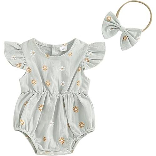 FOMOYUU Newborn Baby Girls Daisy Printed Clothes Pleated Ruffled Sleeve Bubble Romper Cute Summer Outfit with Headband - Green - 0-3 Months