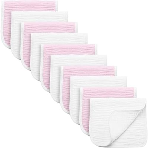 Synrroe Burp Cloths Large, Muslin Burp Cloths for Baby Girls and Boys, Pack of 10 Extra Absorbent and Soft Muslin Bibs, 6 Layers 20 by 10 Inches 100% Cotton (Pink-White 10 Pack)