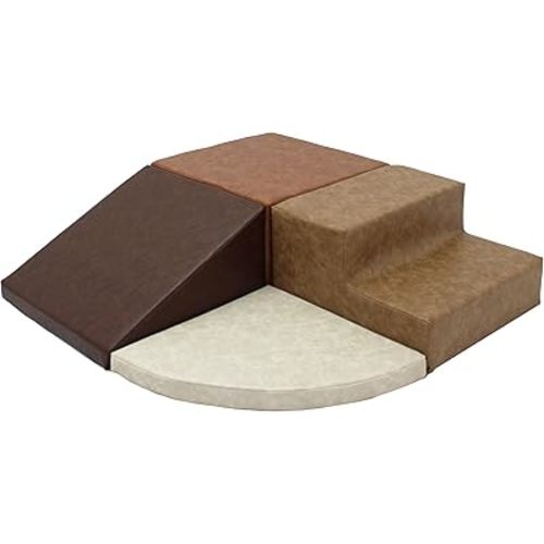 FDP Rustic Western Toddler Playtime Corner Climber, Distressed Faux Hide Leather, Indoor Active Play Structure for Toddlers and Kids, Safe Soft Foam for Crawling and Sliding (4-Piece Set), 11619-DA