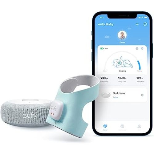 eufy Security Baby Smart Sock Baby Monitor with 2.4 GHz Wi-Fi, Track Sleep Patterns, Naps, Heart Rate, AI Cry Detection, Pan and Tilt, No Monthly Fee
