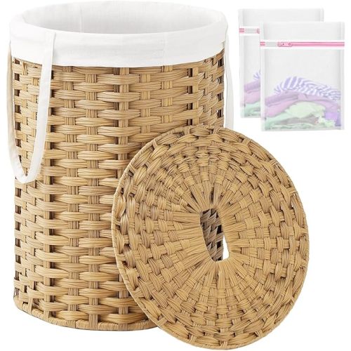 Laundry Hamper with Lid Laundry Basket with Lid 19.0 Gal (72 L) Round Wicker Laundry Basket Handwoven Rattan Hamper Removable Bag 2 Mesh Bags Handles for Living Room Bathroom Natural