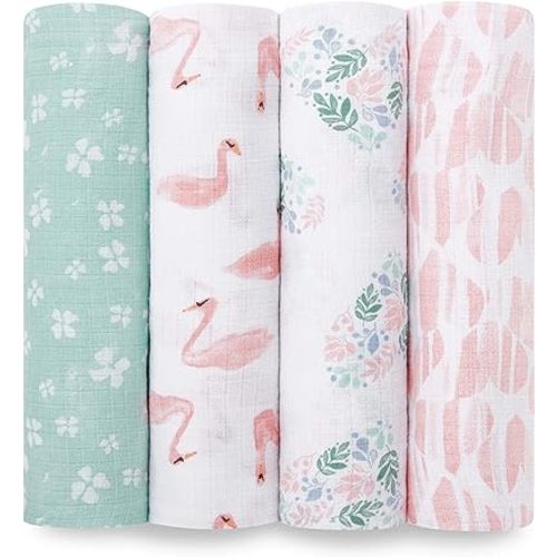 aden + anais Essentials Muslin Swaddle Blankets for Baby Girls and Boys, Newborn Receiving Blanket for Swaddling, 100% Cotton Baby Swaddle Wrap, 4 Pack, Floral, Briar Rose