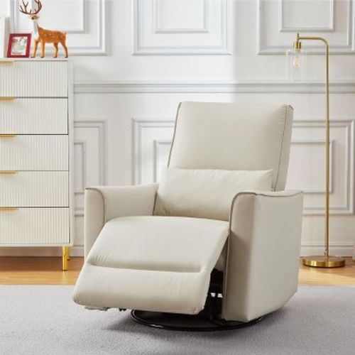 360¡ãSwivel Rocking Recliner Chair, Glider Rocking Chair, Upholstered Faux Leather Recliner, White