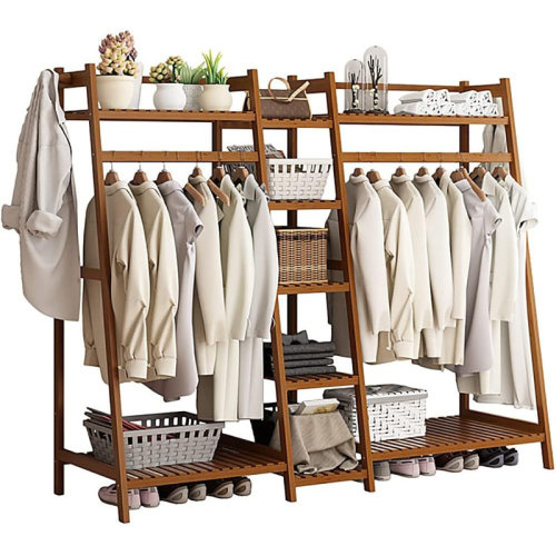 Rebrilliant Bamboo Deluxe Freestanding Clothing Shelf – Double Rod Garment Organizer with Shelves & Reviews | Wayfair