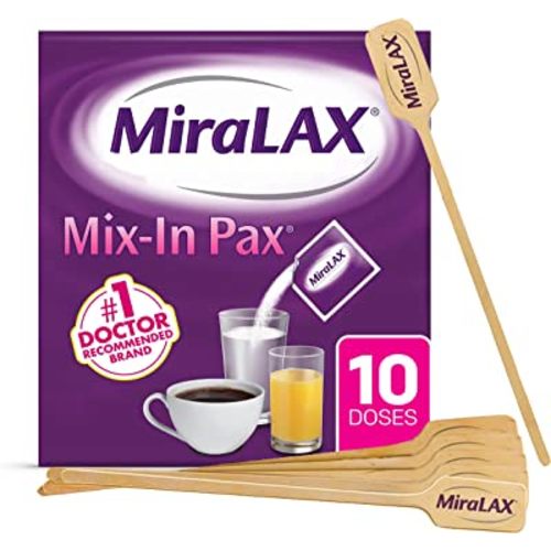 MiraLAX Gentle Constipation Relief Laxative Powder, Stool Softener with PEG 3350, No Harsh Side Effects, Single Dose Mix-In Pax with Mixing Stirrers, Travel Pack, 10 Dose