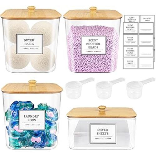 3+1 Pack Laundry Pods Container,Clear Laundry Room Organization Containers,Large Laundry Detergent Powder Storage Containers with Wooden Lids & Labels,Laundry Pods Holder for Scent Booster,Powder,Pods