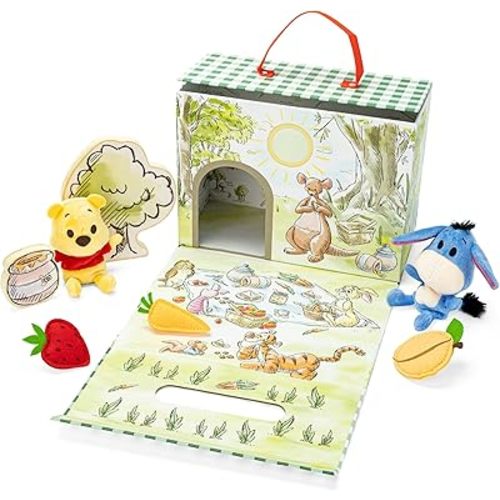 KIDS PREFERRED Disney Baby Winnie The Pooh and Friends Deluxe Take Along Travel Playset 100 Acre Woods Picnic with Pooh and Eeyore Beanbag Plush and Wooden and Fabric Set Pieces