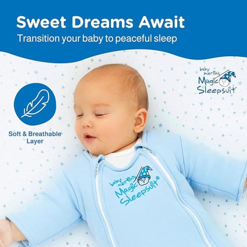 Baby Merlin's Magic Sleepsuit - Cotton Baby Swaddle Transition Product - Soft and Breathable Design, Double Zipper for Easy Diaper Changes, Promotes Safe Sleep - Blue - Small 12-18lbs