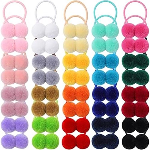 40Pcs Girls Hair Accessories - Small Fluffy Pom Ball Elastic Ponytail Holders and Rubber Bands for Baby Girls, Toddlers, Infants