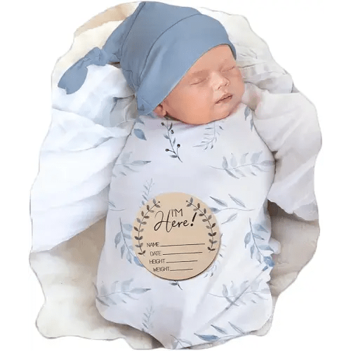 Ylsteed Baby Swaddle Blanket and Headband Set, Newborn Receiving Blanket Swaddle Wrap for Girls and Boys, Swaddling Blankets Neutral for Newborn, Soft and Skin-Friendly 32 * 32 inches (Blue Leaves)