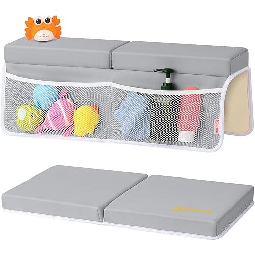 Bath Kneeler and Elbow Rest Pad Set - Comfortable 1.5” Thick Baby Bath Kneeler Pads with Toys Organizer, Non-Slip Knee Arm Support Bathtub Mat, Quick-Drying Kneeling Pad for Baby Bath Time