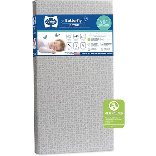 Sealy Butterfly 2-Stage Dual Firm Antibacterial Foam Baby Crib Mattress & Toddler Bed Mattress, Hypoallergenic Waterproof Memory Foam Crib Mattress, GREENGUARD GOLD Certified,Made in USA,52"x28",White