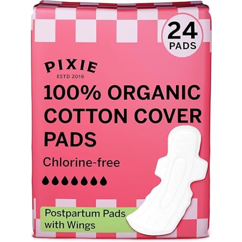 Pixie Cup Organic Cotton Postpartum Pads for Women - Extra Heavy Absorbency with Wings - Leak-Proof, Hypoallergenic & Unscented - Compostable, Biodegradable - 24 Count