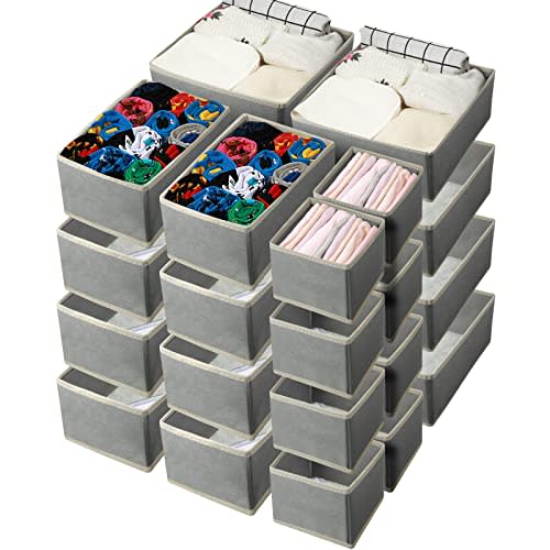 Potchen 24 Set Clothes Dresser Drawer Organizers, Nursery Closet Clothing Wardrobe Organizers Storage Dividers, Foldable Cloth Box Fabric Container Basket Bin for Bras Socks Underwear(Gray)