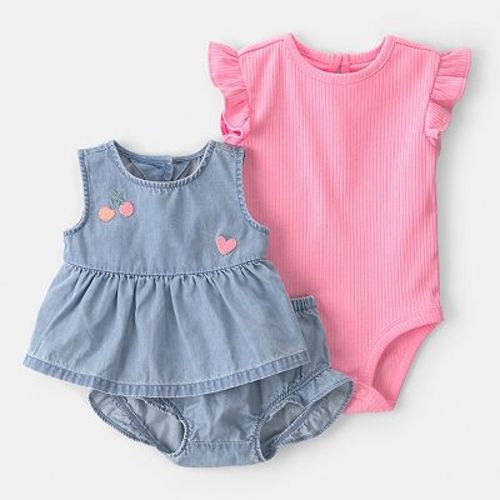 Baby Girl Carter's 3-Piece Cherry Chambray Top, Bodysuit & Shorts Set