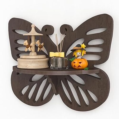 Butterfly Shaped Nursery Wall Deor, Solid Wood Floating Shelves, Small Decorative Shelf Wall Mounted, Cute Display Rack for Kid’s Room, Hanging Wall Shelf for Toys, Plants and Decorations Storage