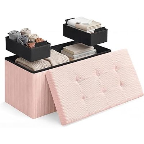SONGMICS HOME Ottoman with Storage, Removable Lid, Folding Storage Chest, Easy Assembly, for Entryway, Bedroom, Living Room, 15.2 x 30.2 x 15.2 Inches, Corduroy, Pink