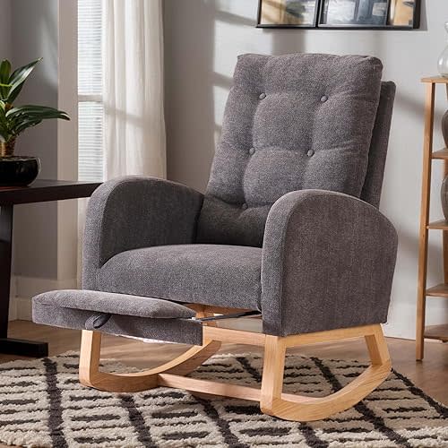 Accent Rocking Chair with Footrest, Nursery Rocking Chairs with Side Pocket/Rubber Wood Legs, Upholstered High Back, Armchair Lounge Reclining Chair for Living Room Baby Room Bedroom (Gray)