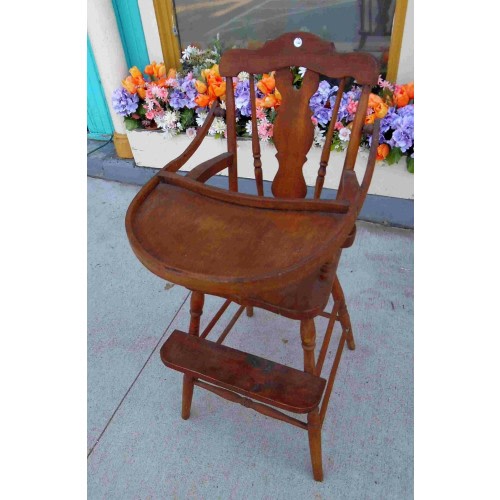 Antique Solid Oak High Chair with Tray and Footrest
