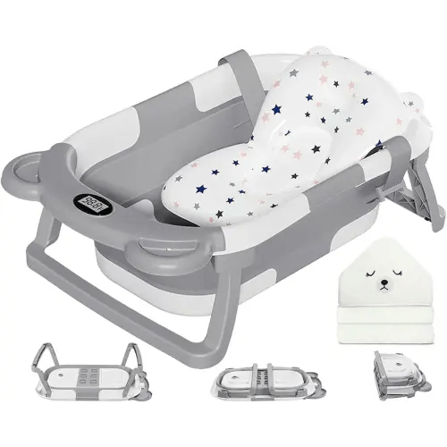 MoreFeel Collapsible Baby Bathtub for Newborn with Thermometer & 1 Hooded Towel & 1 Soft Floating Cushion,Portable Travel Bathtub with Drain Hole, Durable Foldable Baby Tubs for Infants to Toddler