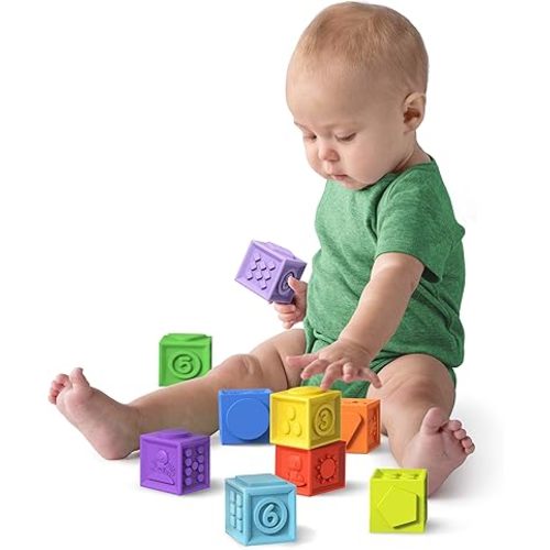 Bright Starts KaledioCubes 9pk Stack & Squeeze Blocks Baby Bath Toys - Play & Learn with Colors, Numbers & Shapes, Ages 3 Months+, Multicolor