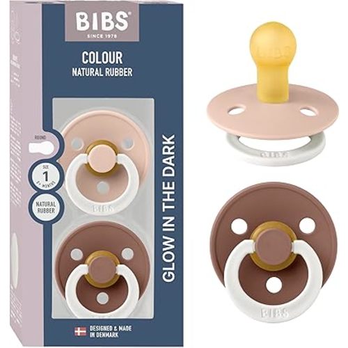 BIBS Colour Night Glow in The Dark Soother 2-Pack, BPA Free Dummy Pacifier, Round Nipple. Natural Rubber Latex, Made in Denmark, Size 1 (0-6 Months), Blush Glow/Woodchuck Glow