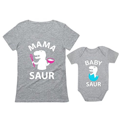 Tstars Mama & Baby Saur Matching Set Gift for New Moms and Babies Mother's Day Mom Shirt & Infant Bodysuit
