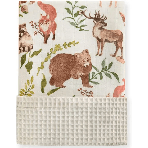 LifeTree Waffle Swaddle Blankets Neutral, Woodland Animals Baby Muslin Crib Stroller Blanket Swaddling Nursery Receiving Blanket for Boys & Girls Unisex Newborn, Muslin Front and Waffle Backing