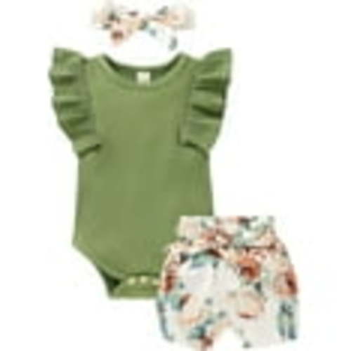 Younger Tree Toddler Baby Girl Summer Short Sleeve Romper Shorts Headband Clothes Outfits Set for 3-6 Months