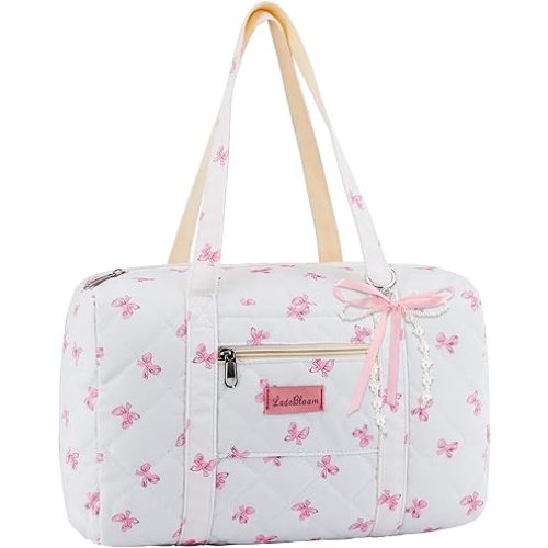 Coquette Bag with Ribbon Pearl Bow - Pink Bow Tote Bags Cute Travel Bag,Floral Quilted Duffle Bag for Women Girls,Coquette Aesthetic Y2K Shoulder Bags,Weekend Bag for Travel Trip Work