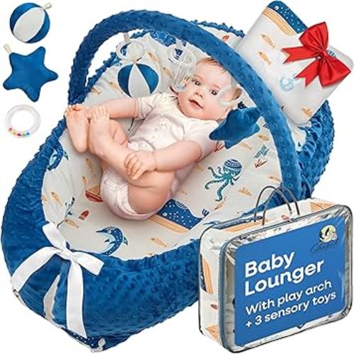 Portable Baby Lounger for Newborn w/Removable Arch & 3 Toys - Infant Lounger w/ 38% More Protection - Comfort, Breathable and Soft Floor Dock a Tot for Home and Travel | 0-24 (Blue)