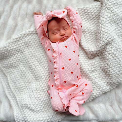 Organic Waffle Ruffle Zip Footie, Little Red Heart (on Pink)