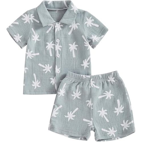 Baby Boys Clothes Set Toddler Infant Boys Button-down Shirt Tops + Cotton Gauze Shorts Summer Outfit 2PCS with Pockets