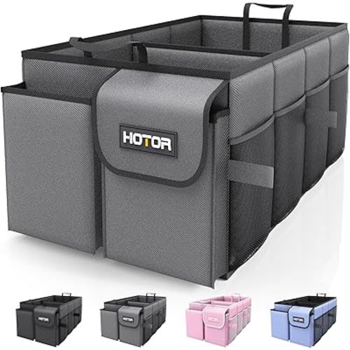 HOTOR Foldable Trunk Organizer - 2-Compartment 21.3"×12.6"×10.6" Grey SUV & Sedan Organizer for Accessories, Tools and Sundries