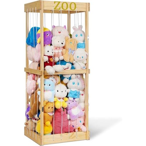 Trycooling Stuffed Animal Zoo Stuffed Animal Storage Wood Plushie Storage Stuffed Animals Zoo Storage Cage with Zoo Pattern Elastic Band for Nursery Play Room Bedroom (Wood)