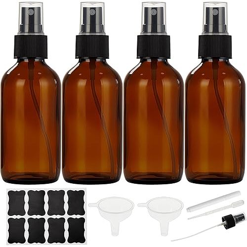 Dark Amber Glass Spray Bottles 4 oz, Small Empty Spray Bottles for Essential Oils, Fine Mist for Face, Hair, Plants, Travel, Perfumes, Cleaning Solutions - 4 Pack