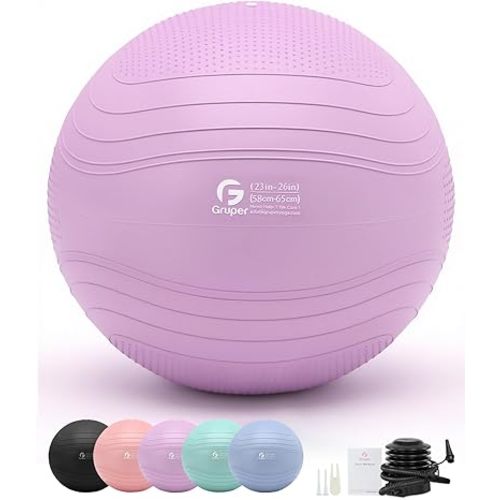 Gruper Yoga Ball, Extra Thick Exercise Ball for Workout Pregnancy Stability - 4 Sizes Anti Burst Balance Ball for Yoga, Pilates, Fitness, Birthing, Physical Therapy - Includes Pump