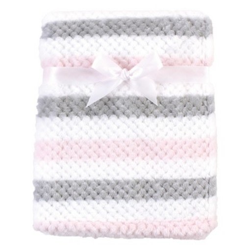 Hudson Baby Infant Girl Plush Waffle Blanket, Pink Gray Stripe, One Size