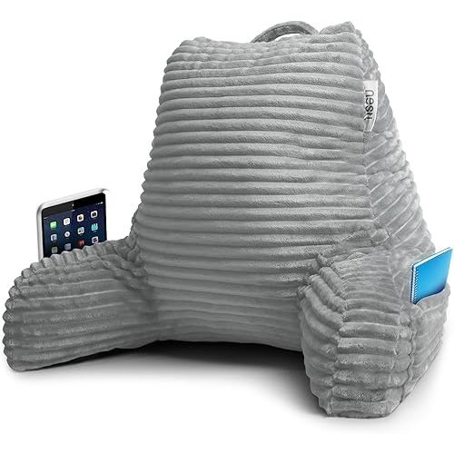 Nestl Reading Pillow for Bed Adult–Back Pillow for Sitting in Bed, Standard Plush Bed Pillows for Sitting Up in Bed, Shredded Memory Foam Bed Chair Pillow with Arms and Pockets, Silver Bed Rest Pillow