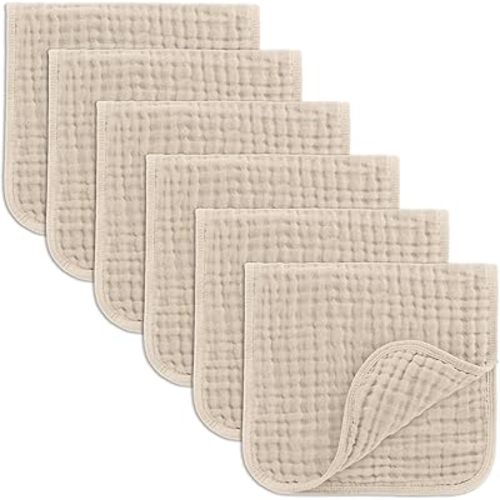 Comfy Cubs Muslin Burp Cloths Set Large 100% Cotton Hand Washcloths for Babies, Baby Essentials 6 Layers Extra Absorbent and Soft Boys & Girls Baby Bibs & Burp Cloths Set (Sand, 6-Pack, 20" X10")